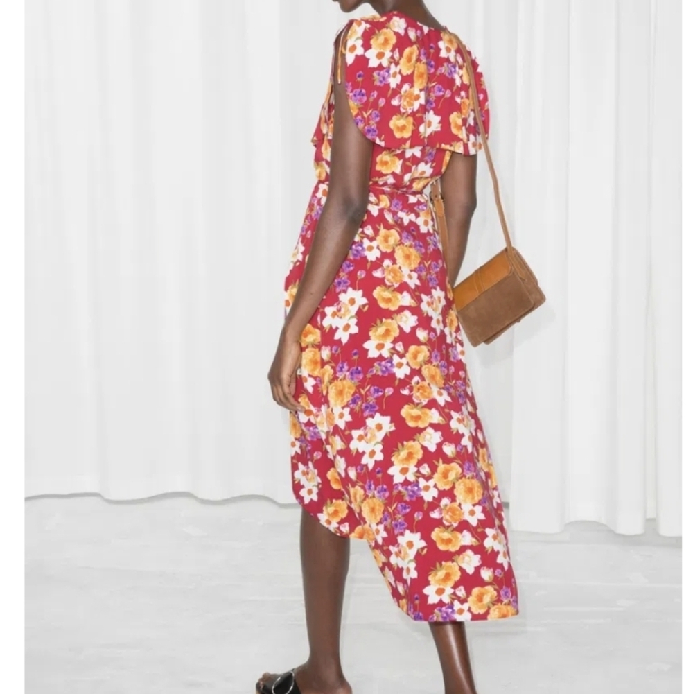 & Other Stories Midi Wrap Dress Size Floral Print Red Ruffle